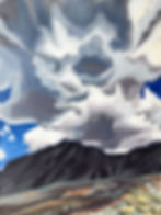 Dramatic landscape painting with swirling gray and white clouds over a dark mountain range and rocky terrain.