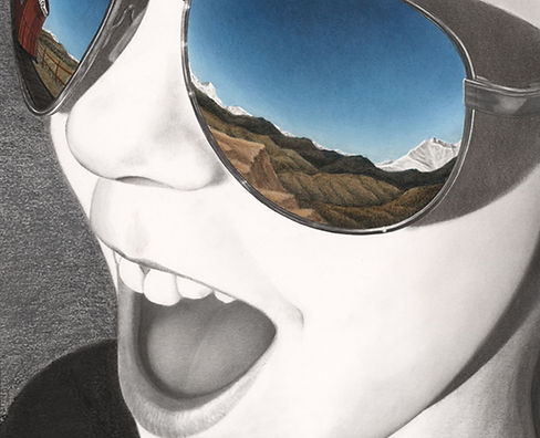 Karin Antoni, Mirror Image
Black and white painting of a woman in sunglasses reflecting a Niwot landscape in the lenses, by Karin Antoni