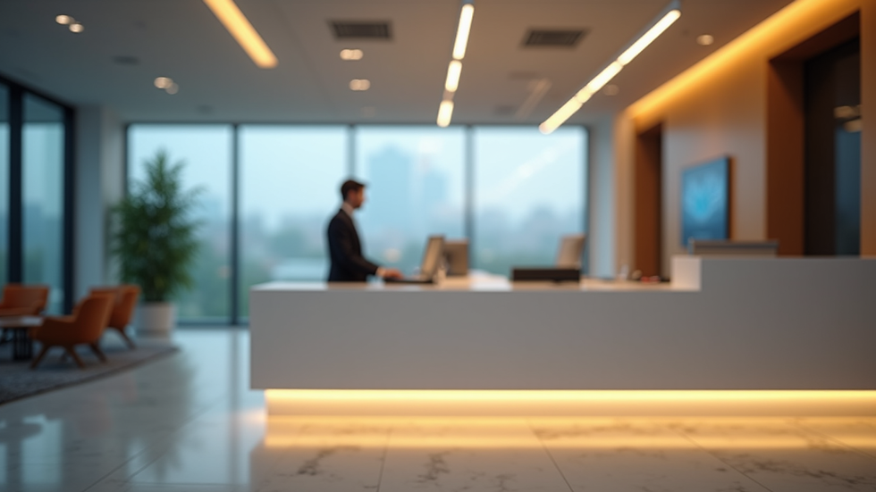 Eye-level view of modern office reception desk with digital interface
