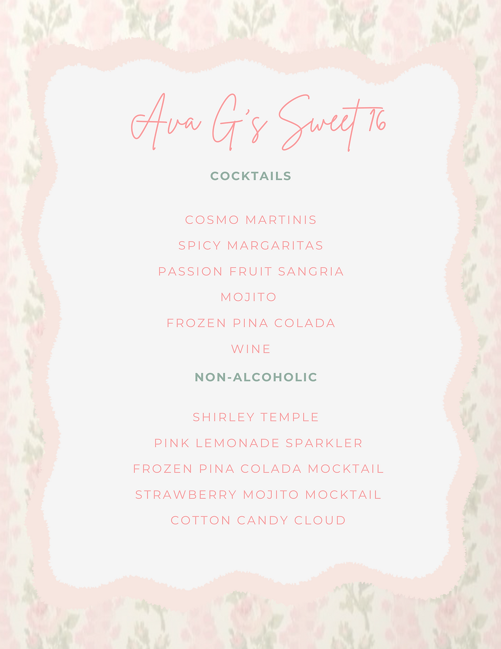 Floral Sweet 16 Drink Menu