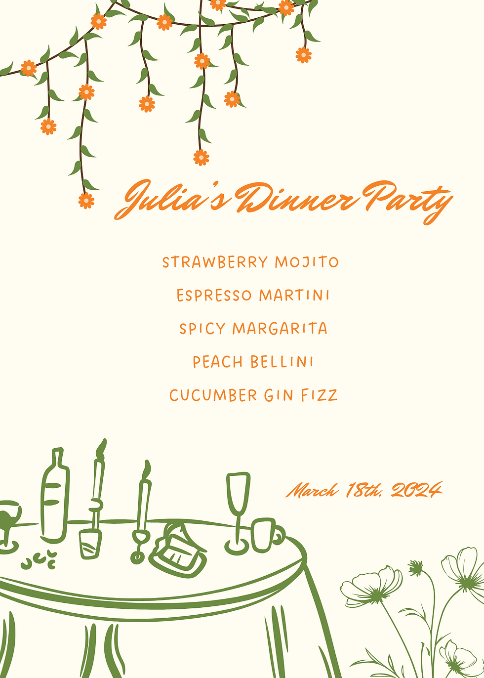 Green and Orange Floral Party Menu