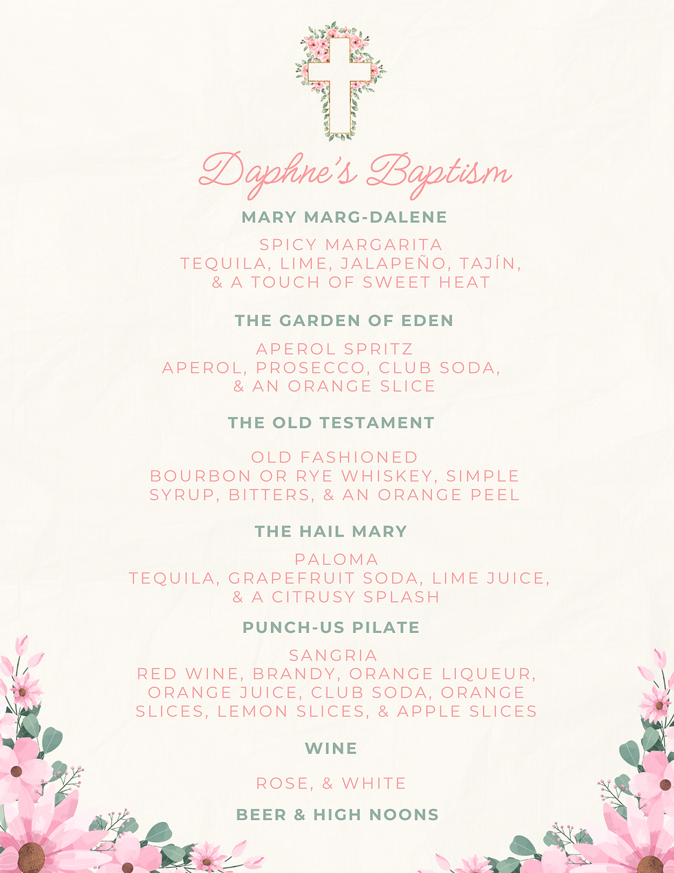 Holy Baptism Drink Menu