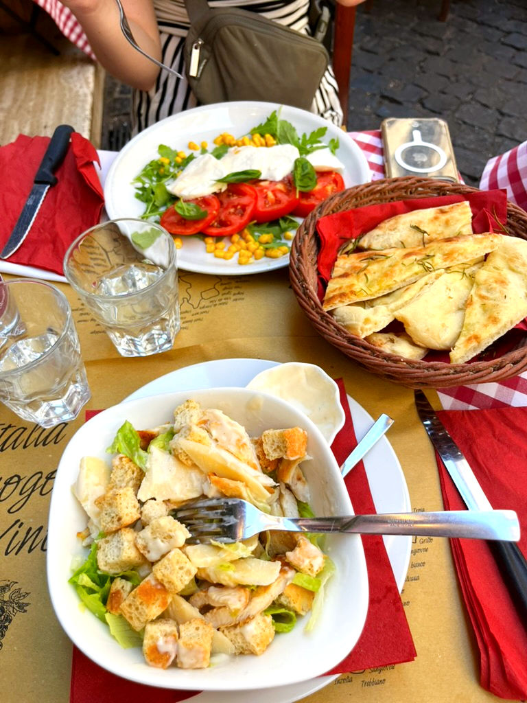 Caprese & Caesar Salads for our last meal in Rome! (with focaccia bread, of course)