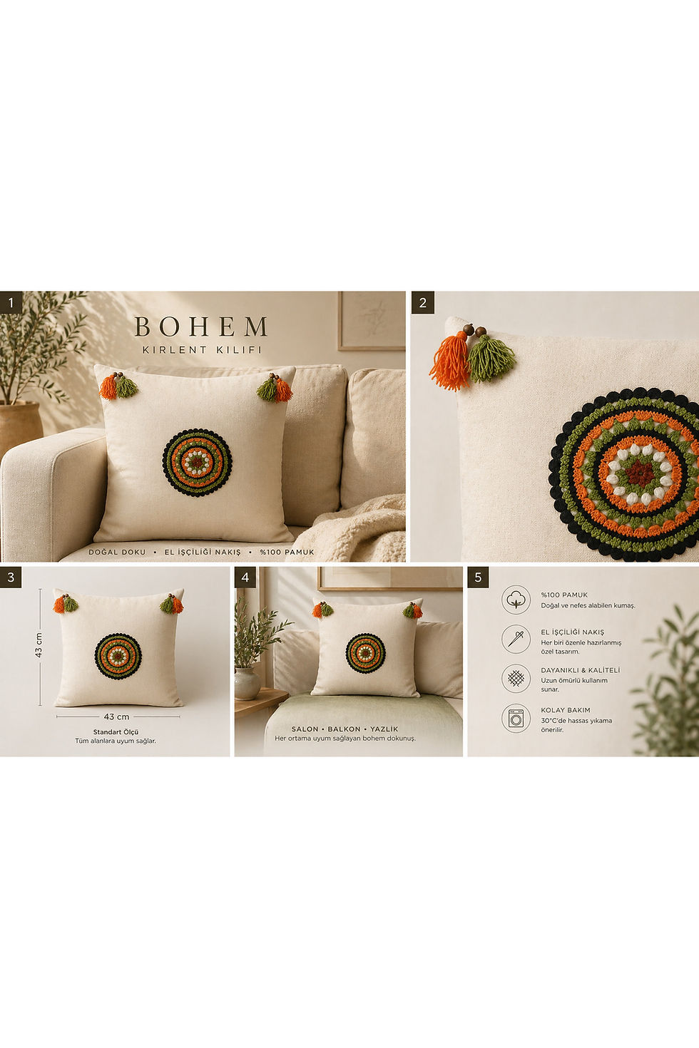 Küçük resim: Boho Mandala Kırlent Kılıfı El Yapımı Doğal Kumaş Renkli Dekoratif Yastık