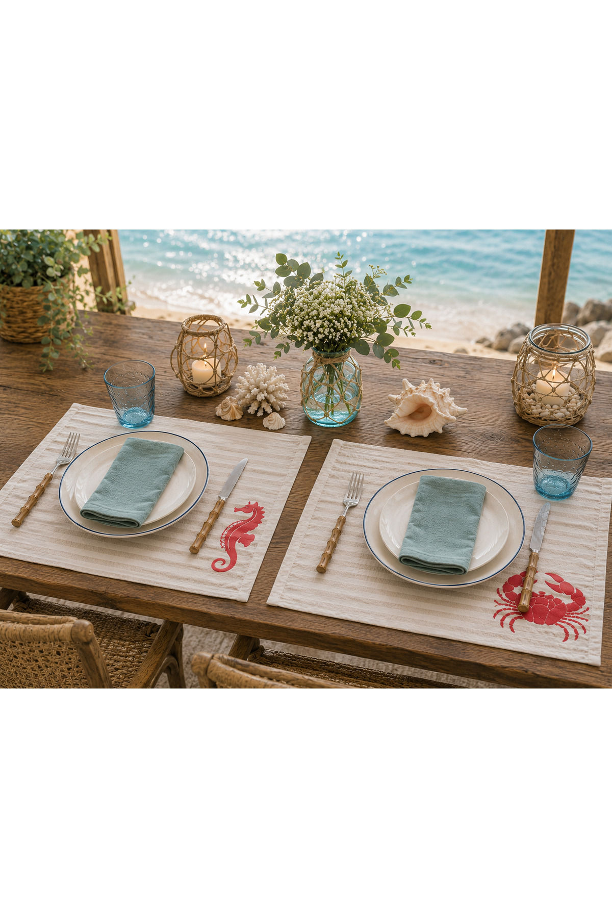 Deniz Temalı Amerikan Servis 35x50 cm | Denizatı & Yengeç Nakışlı Premium Pamuk