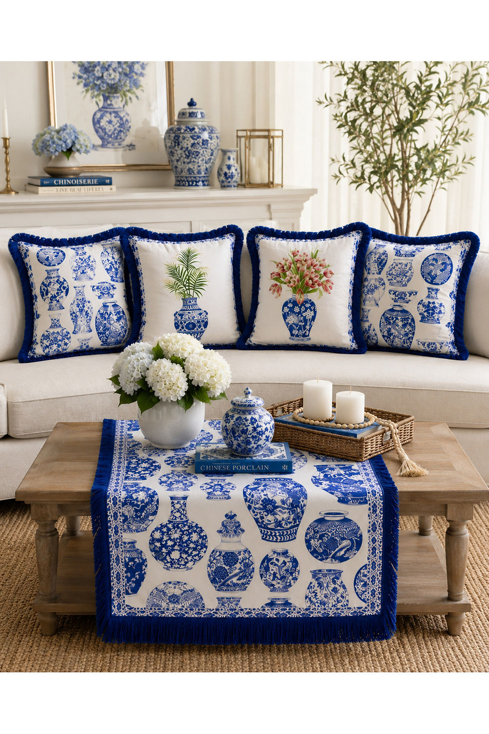 Küçük resim: Blue & White Collection Chinoiserie Püsküllü Kırlent Kılıfı 4’lü Set | Premium