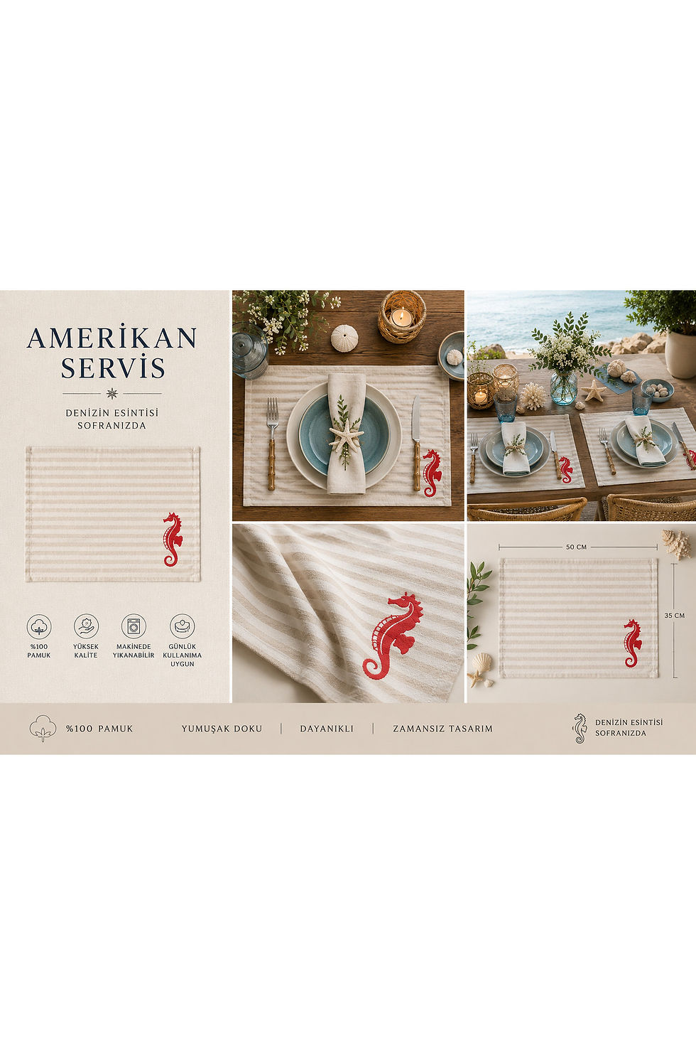 Küçük resim: Deniz Temalı Amerikan Servis 35x50 cm | Denizatı & Yengeç Nakışlı Premium Pamuk