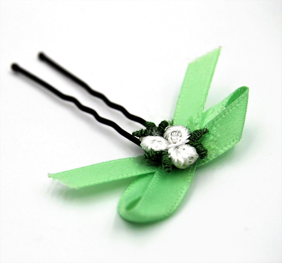 Thumbnail: Green ribbon hair bow with flowers, green flower girl hair pin