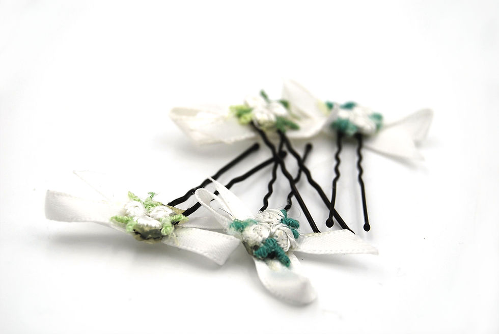 Thumbnail: White ribbon hair bow with flowers, white flower girl hair pin