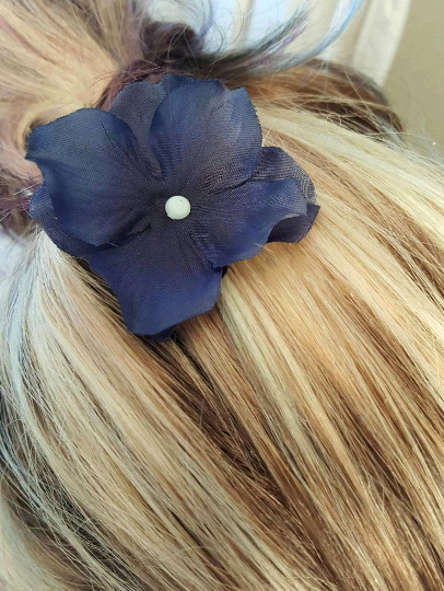 Thumbnail: Blue hydrangea hair pin, navy blue flower girl hair pin