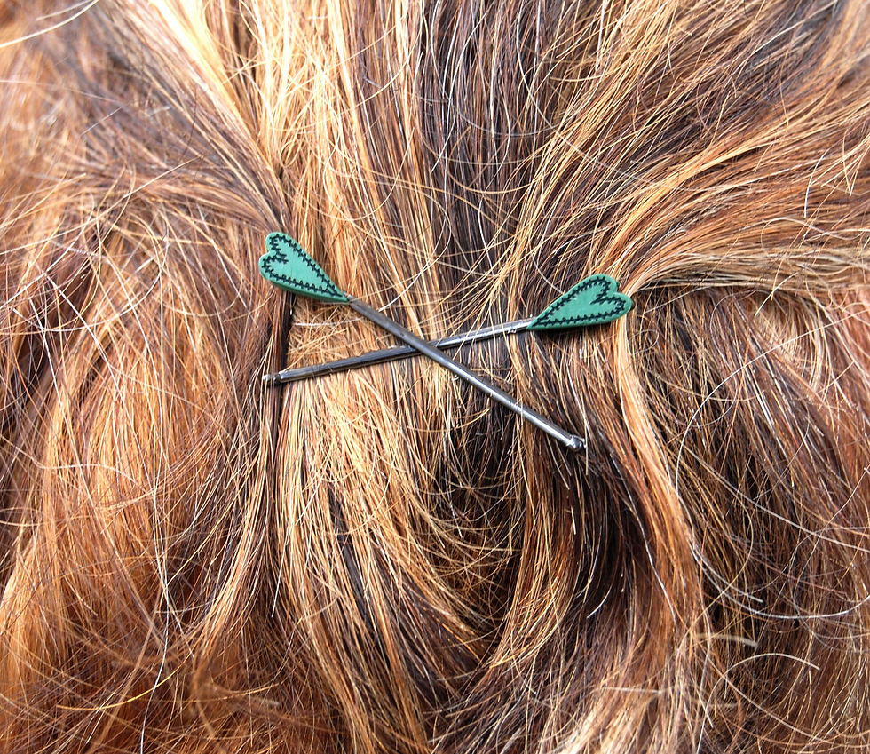 Thumbnail: Stitched heart embellished bobby pins, green heart hair accessories