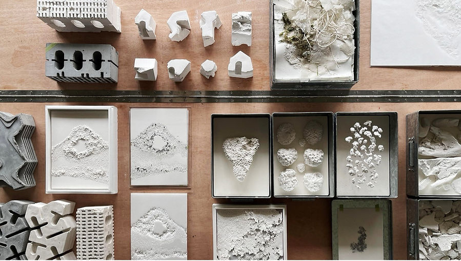A table of tactile drawings and artefacts for a neglected topography, Zi Hao Wong, 2022.
