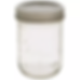 Clear glass mason jar with metal lid, embossed text reads "Wide Mouth." Set against a white background, simple and utilitarian.