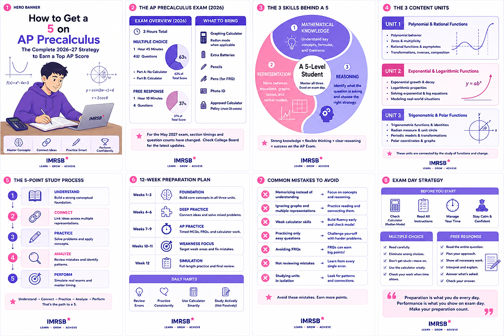 AP Precalculus exam prep infographic with 8 panels, student at laptop, study steps, tips, units, and purple-pink charts.