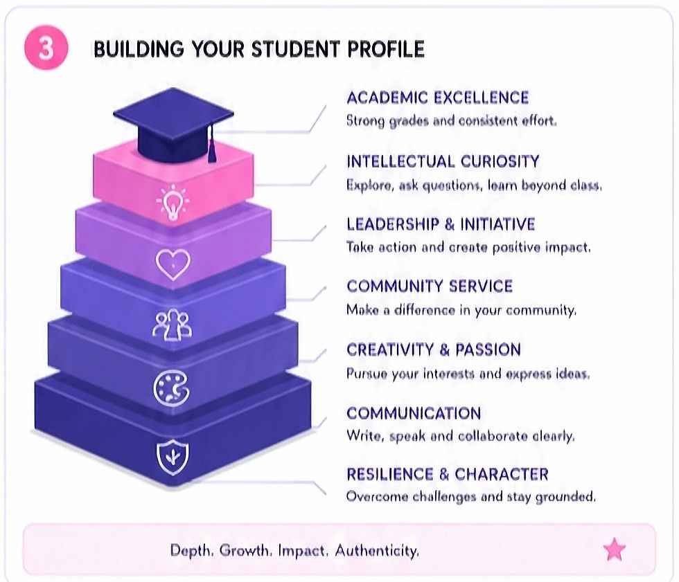 Infographic titled Building Your Student Profile with stacked purple blocks and a graduation cap, listing 6 student qualities.