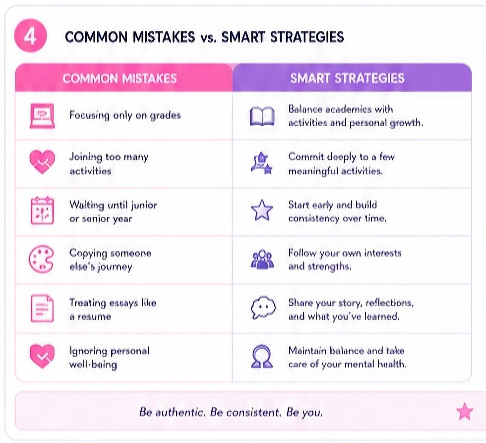 Pink-and-purple infographic comparing common mistakes vs smart strategies for students, with tips on grades, activities, balance, and wellbeing.