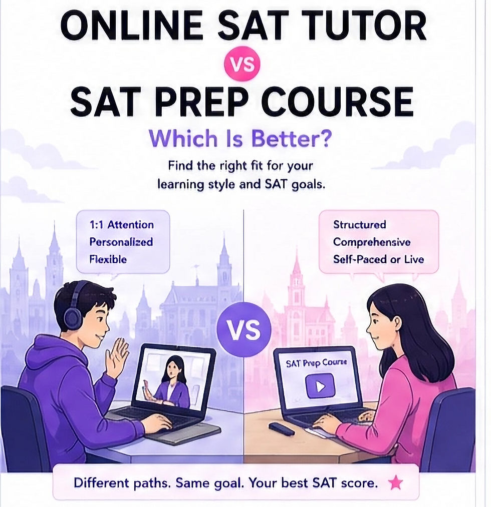 Poster comparing online SAT tutor vs SAT prep course, with students on laptops and text about 1:1 attention, structure, and goals.