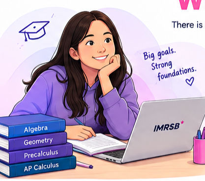 Smiling student in purple studies at laptop beside math books; text reads Big goals. Strong foundations.