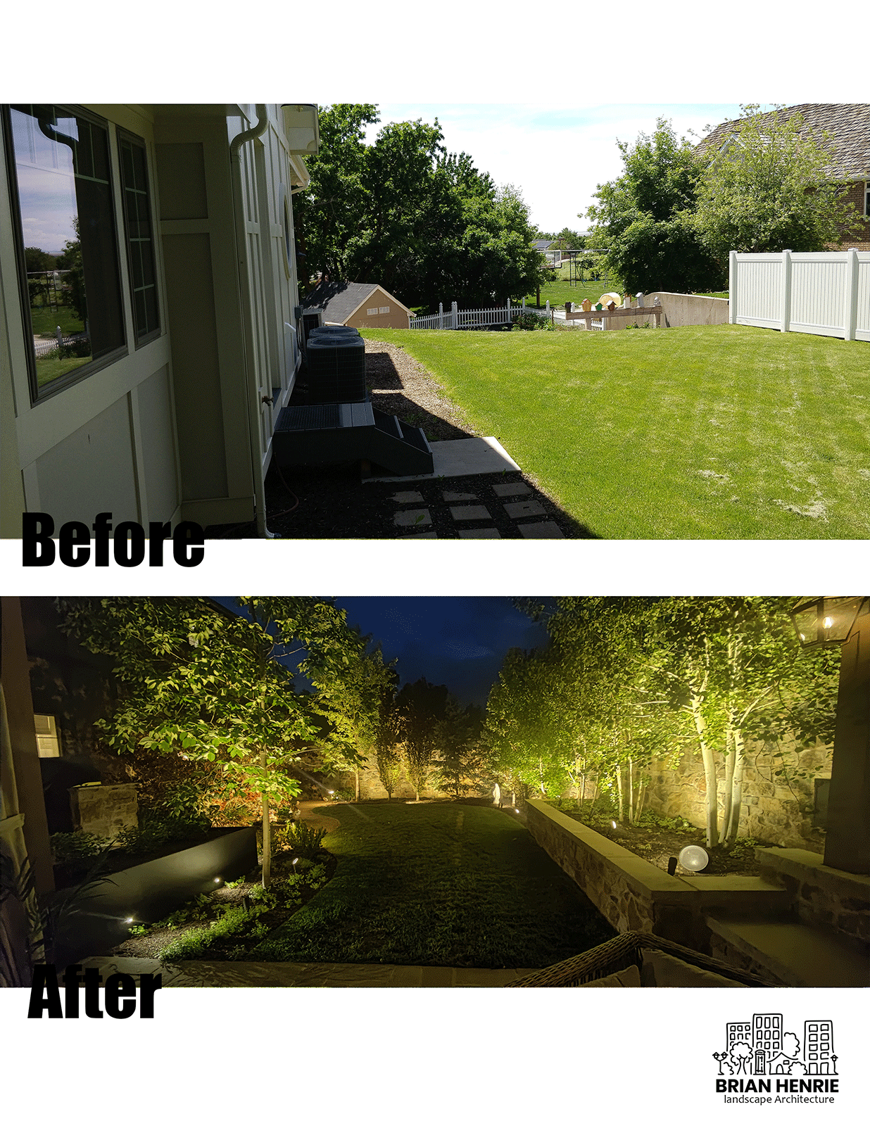 Before and after pictures of the back yard of an incredible landscape transformation