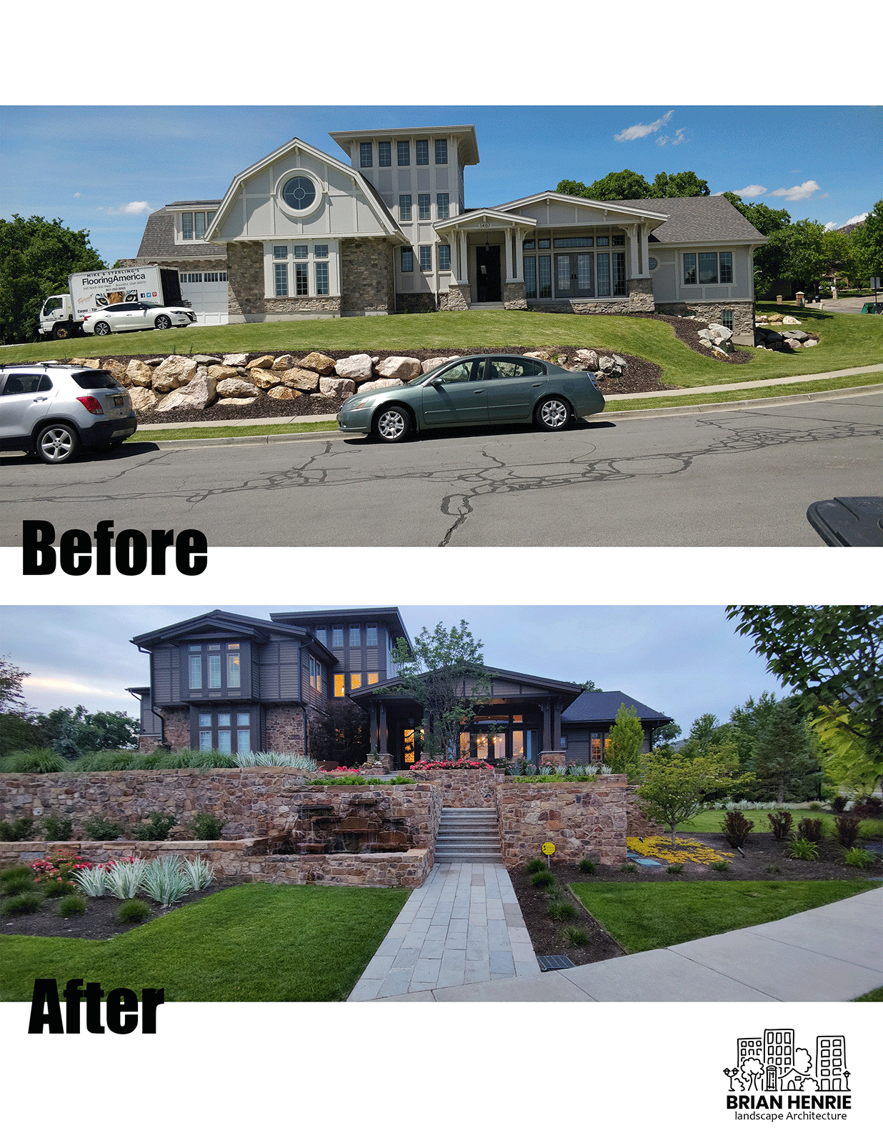 Before and after pictures of the front yard of an incredible landscape transformation
