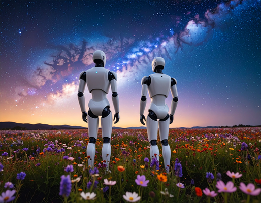 Two humanoid robots stand side by side in a vibrant field of wildflowers, gazing at a star-filled night sky with a prominent view of the Milky Way galaxy stretching across the horizon.