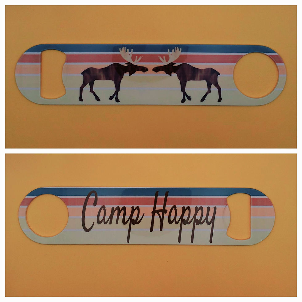 Moose on striped background with Camp Happy brand.