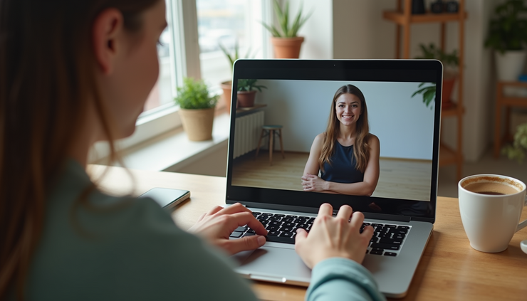 Close-up view of a laptop screen showing a virtual meeting between a dance instructor and a parent