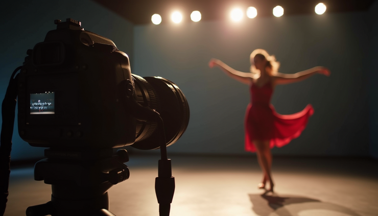 Close-up view of a professional camera setup capturing a dance performance on stage