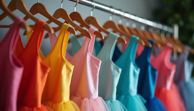 Close-up view of a dance costume rack with colorful costumes ready for competition