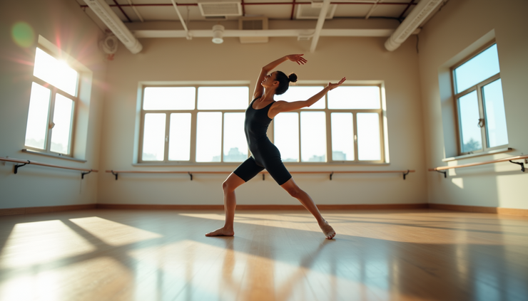 Eye-level view of a dancer stretching in a bright studio before class