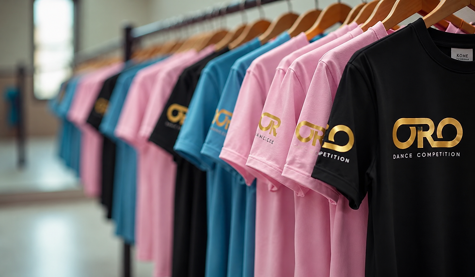 Eye-level view of a collection of colorful dance event shirts hanging on a rack