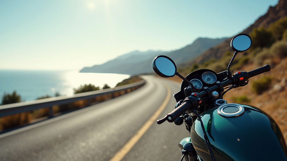 Eye-level view of a motorcycle parked near a scenic coastal road