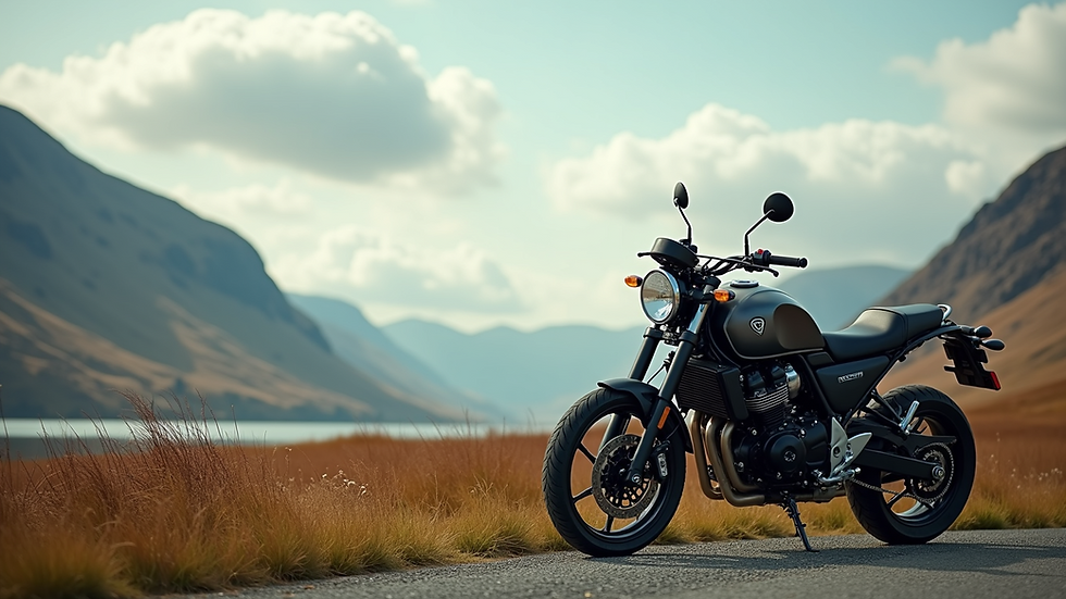 Wide angle view of a motorcycle parked near a scenic Scottish landscape