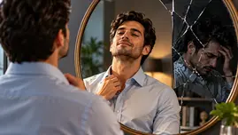 looking at his reflection in a mirror with a fractured reflection, symbolizing narcissistic personality disorder and inner emotional conflict.