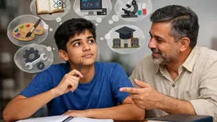 Boy pondering career options with books, gears, art, computers, and science in thought bubbles. His father beside him is guiding.