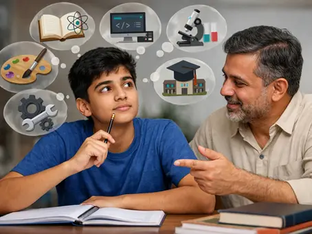 Boy pondering career options with books, gears, art, computers, and science in thought bubbles. His father beside him is guiding.