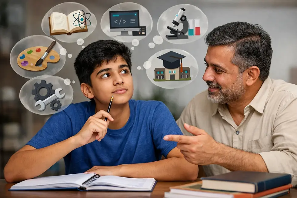 Boy pondering career options with books, gears, art, computers, and science in thought bubbles. His father beside him is guiding.