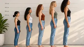 Women of different heights standing from shortest to tallest beside a height chart, illustrating average female height differences.