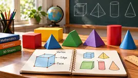 Colorful classroom math scene with 3D shape models, a chalkboard of solids, and notebook labels Vertex, Edge, Face.