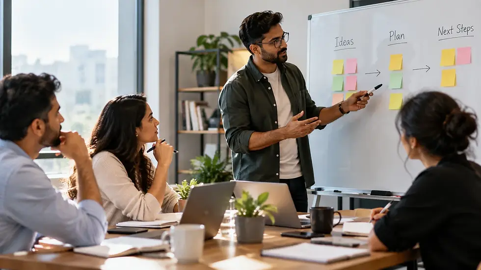 Professional team collaborating and communicating around a whiteboard