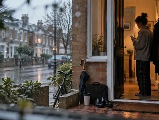 Woman stands in a warmly lit doorway checking her phone as rain falls on a quiet residential street.