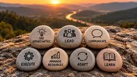 Seven stones representing entrepreneurial skills including leadership, communication, execution, adaptability and learning