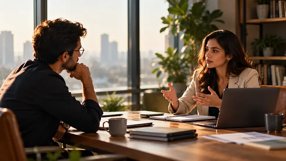 Two coworkers discuss at a desk in a sunlit office, woman gesturing by a laptop, man listening, city skyline behind them