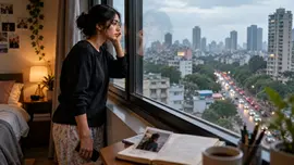 Woman standing by a city window lost in thought and emotional reflection