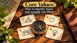 Compass surrounded by four symbols representing core values, purpose and personal direction