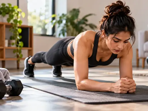 Woman holding a forearm plank on a mat in a bright living room, with dumbbells, a water bottle, and a kettlebell nearby.