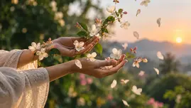 Hands gently holding flowering branches in a peaceful garden at sunrise, symbolizing mindfulness, stress relief and emotional calm.