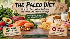 Paleo diet infographic showing foods to eat and avoid, including meat, fish, eggs, vegetables, fruits, nuts, grains, dairy, and processed foods, with research-focused guidance.