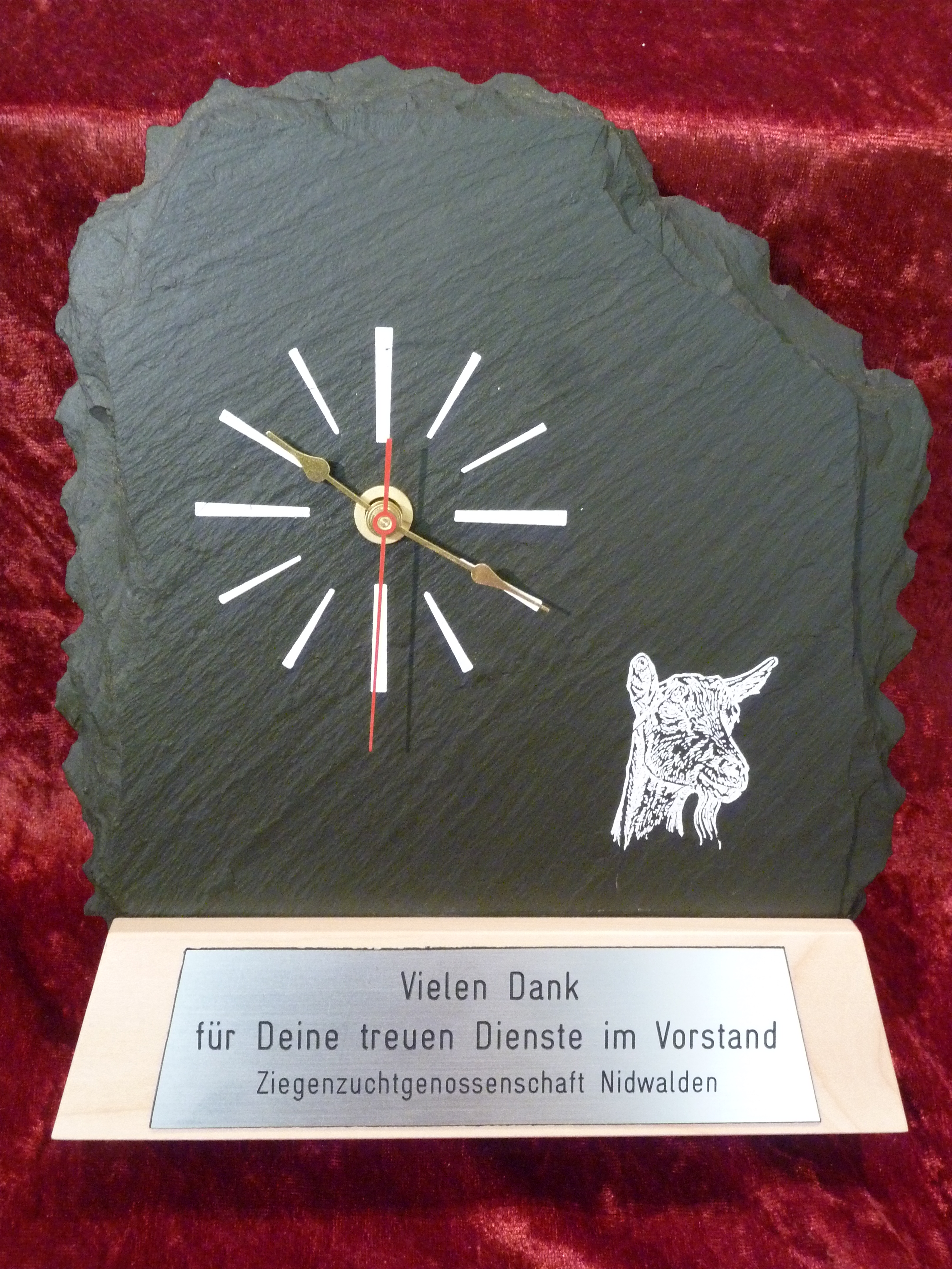 Schieferuhr, Ziege Tampondruck