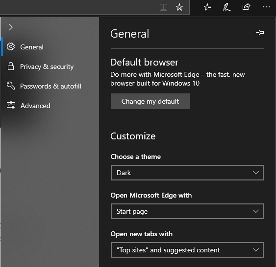Microsoft edge dark mode on